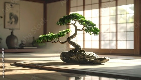Fototapeta Intricate Bonsai Tree on Stone Slab with Sunlight and Wooden Window Frames Interior Decor and Minimalist Japanese Art