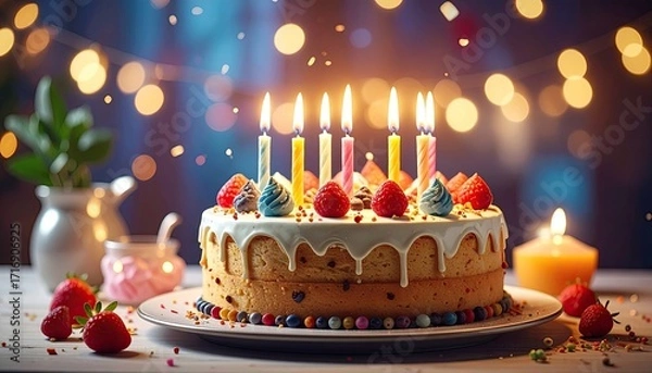 Fototapeta Layered Cake with Dripping Icing and Berries Under String Lights in a Festive Ambience