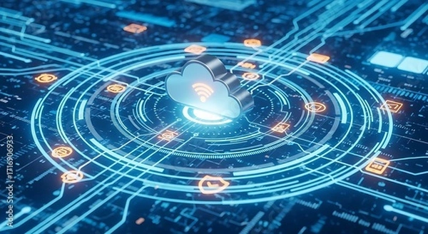 Fototapeta Jaringan cloud yang aman dengan koneksi digital yang menakjubkan untuk solusi data inovatif dalam bisnis modern, sebuah pernyataan kuat untuk kemajuan teknologi