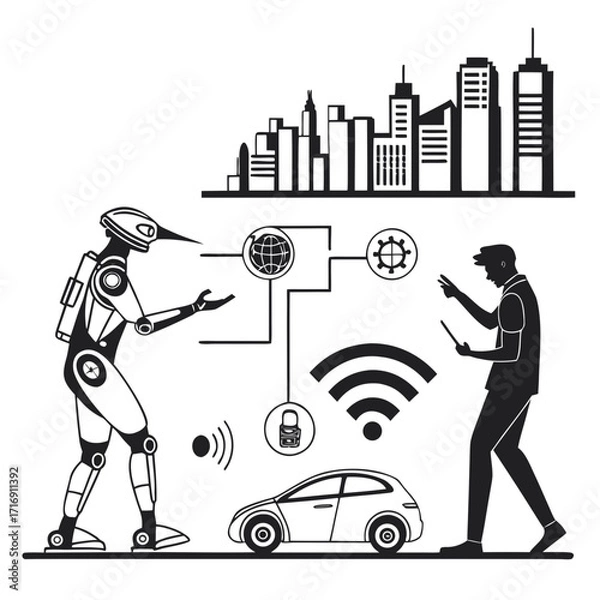 Obraz “Futuristic technology silhouette collection: robotics, human-AI interaction, cyborg, smart city elements, augmented reality overlay, tech devices, innovation vector icons for digital branding and sci