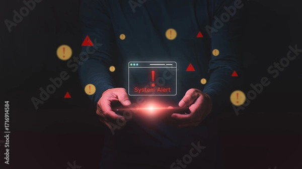 Fototapeta Cybersecurity alert for operating system failure with intrusion detection, computer network threats, virus attacks, and cybercrime risks