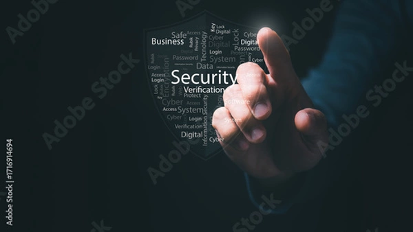 Fototapeta Cybersecurity management and digital security for enterprise databases, professional companies, laptop connections, and server data protection