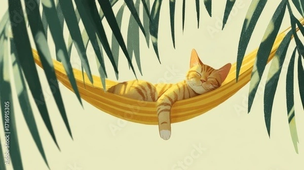 Fototapeta A cat rests peacefully in a hammock beneath palm fronds.