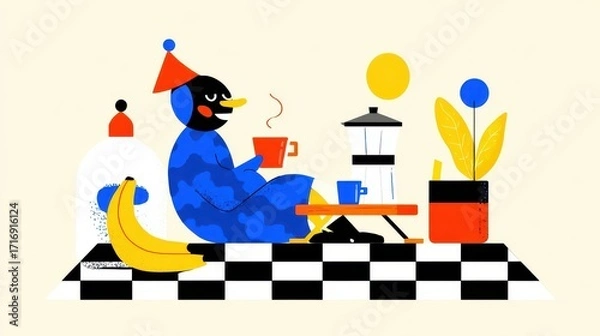 Fototapeta A cheerful figure enjoys a coffee break on a checkered patio.