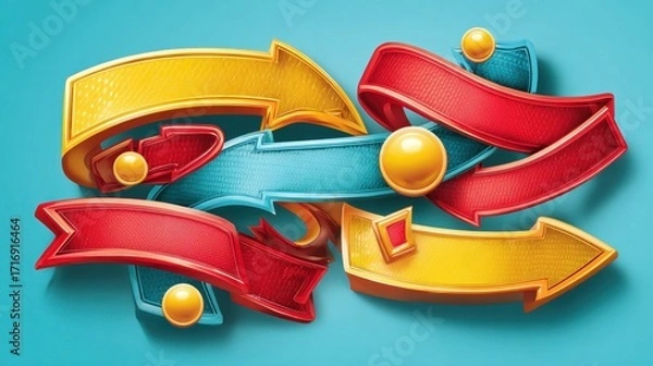 Fototapeta Colorful arrows with decorative ribbons arranged in a complex design.