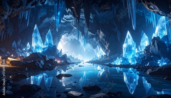 Obraz Enormous underground crystal cavern glowing in blue light, reflecting on the cave floor, cinematic atmosphere, no explorers