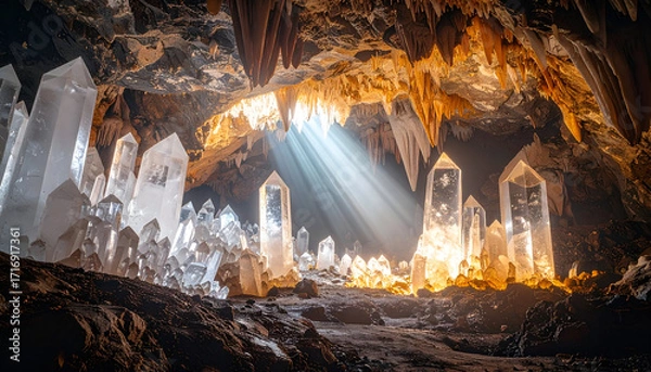 Obraz Majestic crystal cave with giant shimmering quartz formations, illuminated by natural