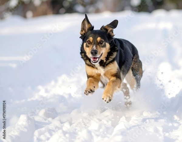 Obraz Happy dog running through snow