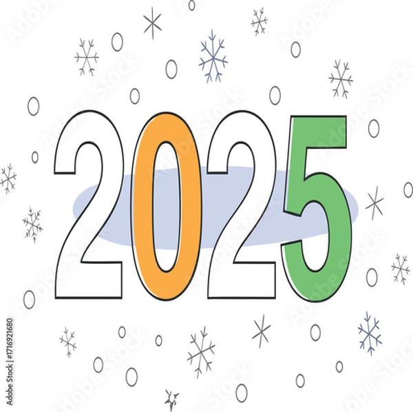Fototapeta Illustration of the year 2025 with colorful numbers and snowflakes