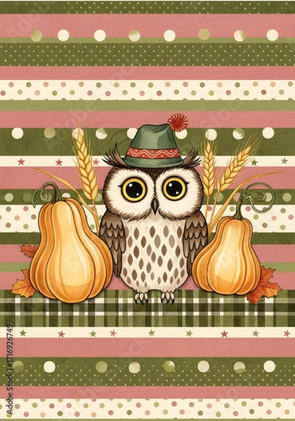 Fototapeta Adorable autumn owl with big eyes, wearing green hat with red pom-pom, surrounded by pumpkins, wheat stalks and autumn leaves, on pastel plaid, polka dot and striped background in blush pink and olive