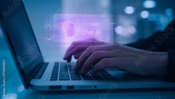 Fototapeta Chat AI Interface with Circuit Head Icon and Laptop Typing – Human-AI Interaction Concept"
