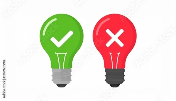 Obraz Right vs. Wrong An illustration of a green light bulb with a checkmark and a red light bulb with an X, symbolizing correct and incorrect choices or good and bad ideas.
