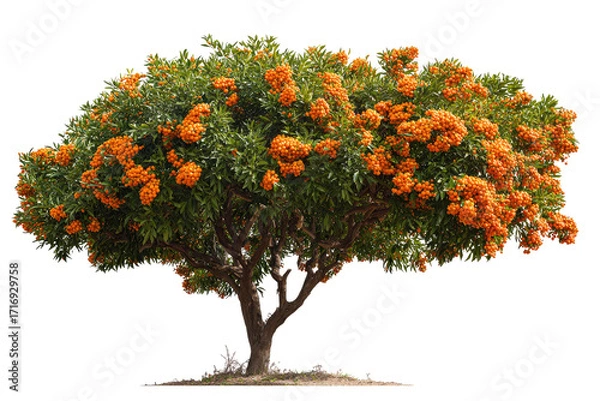 Fototapeta Lush orange-flowered tree against black background
