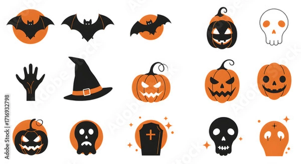 Fototapeta Colorful Halloween Illustrations Featuring Pumpkins, Bats, Skulls, and Spooky Symbols in Orange and Black