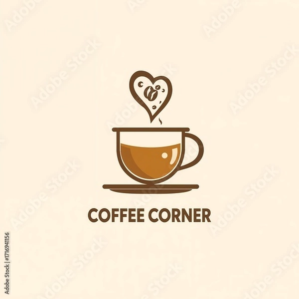 Obraz Minimalist coffee logo with a brown cup, heart-shaped steam, and beans on a cream background, bold “COFFEE CORNER” text, ideal for café branding, packaging, or signage.