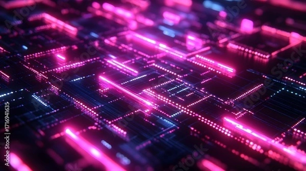 Fototapeta A complex network of glowing circuits, showcasing a vibrant interplay of pink and blue neon lights, creates a futuristic and technological design.