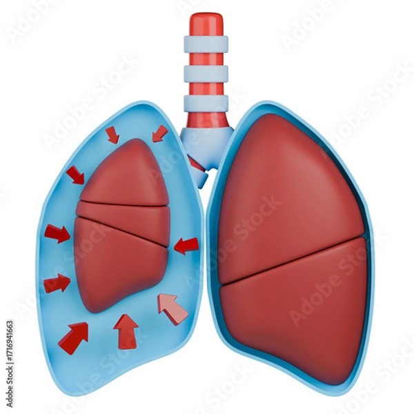 Fototapeta Pneumothorax 3d medical illustration showing collapsed lung in pleural space with red arrows indicate the direction of pressure on the lung.