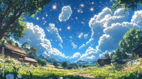 Fototapeta A picturesque, idyllic village scene unfolds under a vibrant, star-studded sky filled with fluffy clouds, showcasing a serene, peaceful, and heartwarming ambiance.