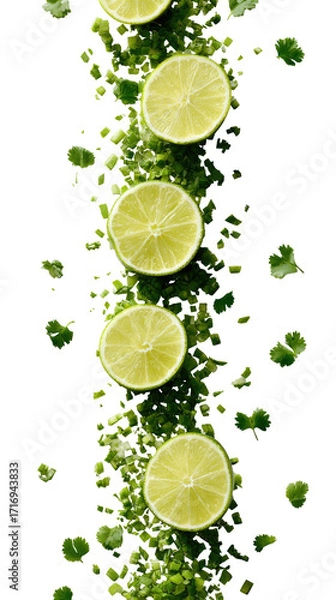 Fototapeta Lime slices cascading down a vibrant green backdrop