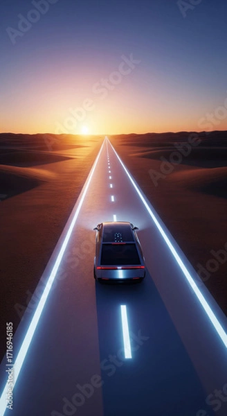 Obraz A solitary vehicle on an open road to the horizon, a powerful metaphor for a clear path forward, progress, and a successful journey.