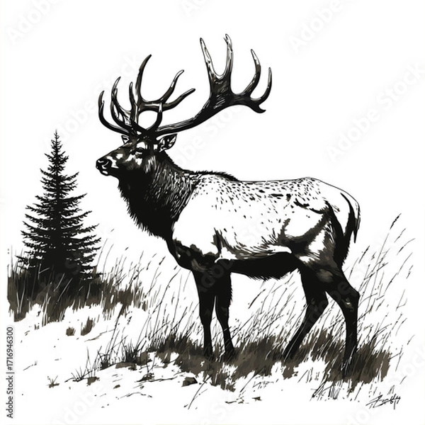 Fototapeta Majestic bull elk standing in a snowy forest with a pine tree