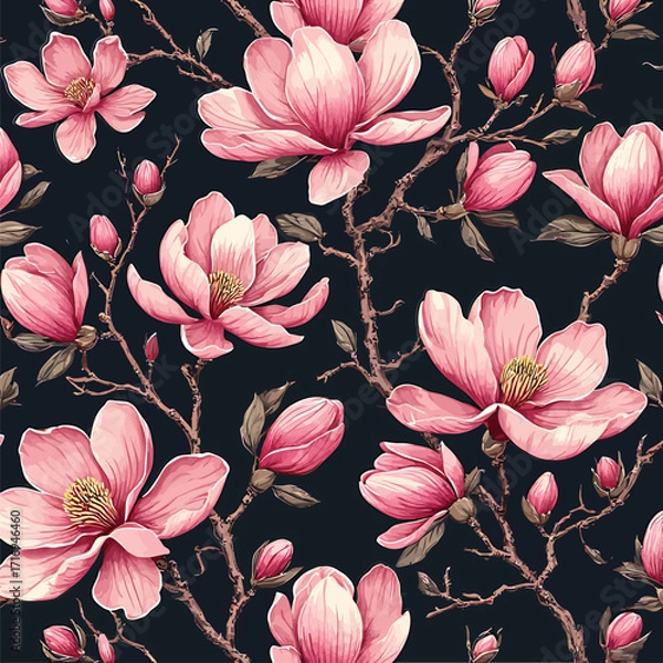 Fototapeta Seamless pattern of delicate pink magnolia flowers on a dark background