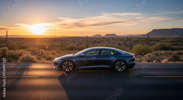 Obraz The pinnacle of luxury and sustainable travel, a silent electric car glides through a serene desert landscape at sunrise for a peaceful journey.