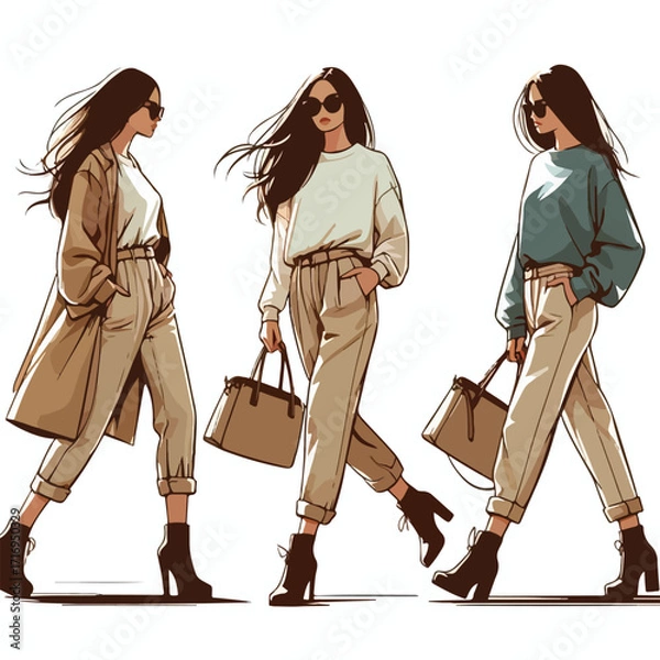 Fototapeta  Vector image set of woman walking with bag