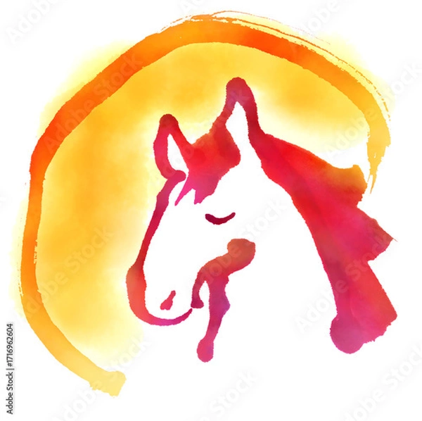 Obraz 筆絵　日の出　馬の横顔