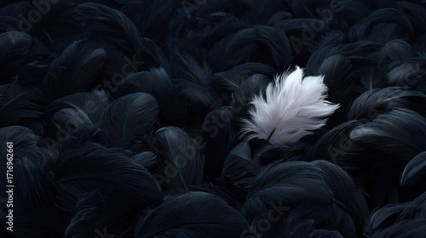 Fototapeta Striking contrast of single white feather amidst sea of dark, textured feathers creates captivating visual. delicate white feather stands out, evoking feelings of purity and tranquility rich