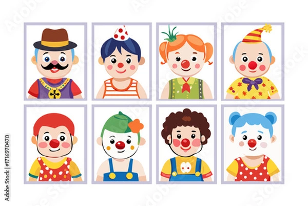 Obraz Group of eight distinct cartoon clowns with varied outfits and accessories