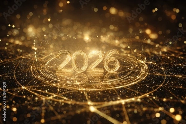 Fototapeta A shimmering golden background featuring the number twenty surrounded by a circle of glowing lights, perfect for a futuristic New Year concept.
