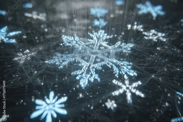 Fototapeta A close-up image of a unique abstract snowflake design, creating a futuristic and festive New Year background.