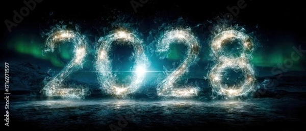 Fototapeta A striking image of fire and ice elements contrasted against a dark background. The typography is made of ice crystals, creating a visually captivating scene.