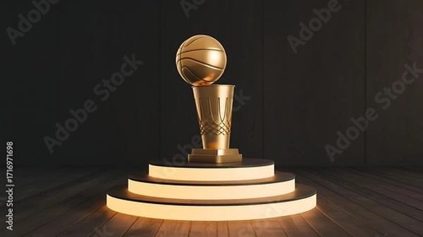 Fototapeta Golden basketball trophy sits on illuminated pedestal. Use for marketing, sports design, editorial.