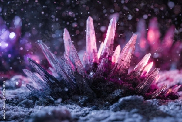 Fototapeta A detailed close-up view of sparkling crystals resting on a textured rock surface, creating a beautiful and natural display.