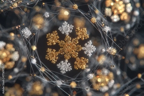 Fototapeta A beautiful abstract snowflake design with intricate gold and silver strands, creating a futuristic and festive New Year background.
