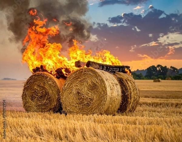 Obraz Hay bales ablaze at sunset
