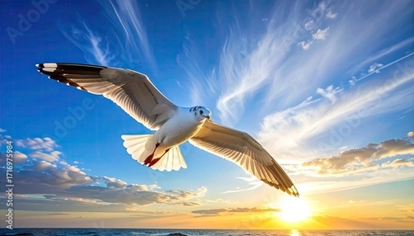 Fototapeta Seagull in Flight Over Ocean with Bright Sky and Horizon