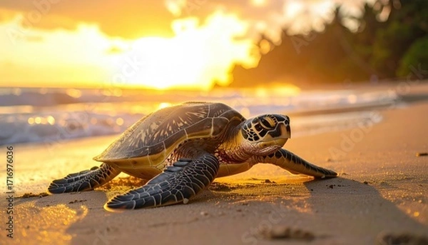Obraz Sea Turtle Crawling on Golden Sandy Beach at Sunset with Ocean Waves and Lush Green Trees Silhouetted Against the Bright Sky