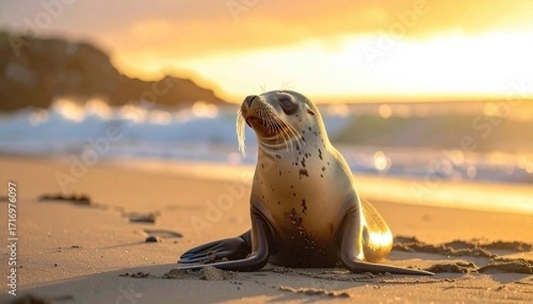 Fototapeta Seal Pup Standing on Sandy Beach at Sunrise with Water Droplets in Golden Light