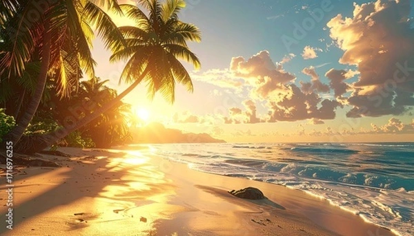 Obraz Seascape at Sunset with Golden Light Illuminating Sandy Beach and Palm Trees