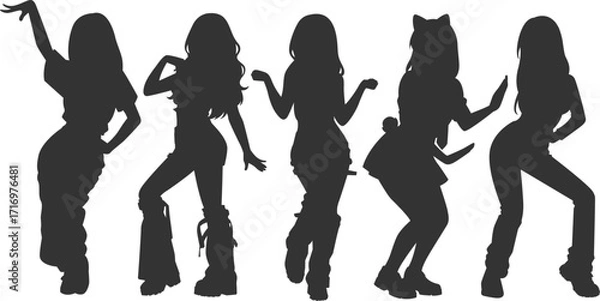 Obraz Set silhouette illustrations of kpop idols singing and dancing on stage. Flat vector kpop music star. Modern group dancers with various different styles, poses and choreography. Korean pop cultures.