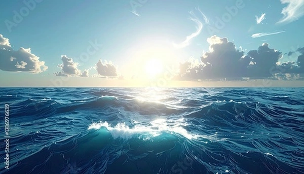 Fototapeta Seascape View with Bright Sun and Clouds Glowing Daylight Over Ocean Water Surface with Reflection Sparkling Cinematic Coastal Photography