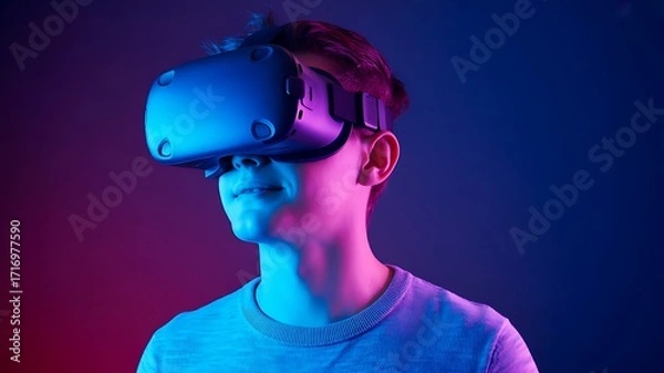 Fototapeta Man Experiences Virtual Reality with VR Headset. Use for tech, gaming, education, design concepts. Neon lighting, immersive, futuristic.