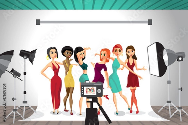 Obraz Group of young women posing in photo studio on white background.