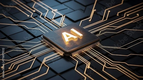 Obraz AI chip illuminates digital circuitry. Illustrates technology, artificial intelligence. Useful for marketing, web design, editorial.