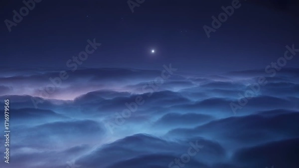 Fototapeta Distant star shining above a sea of glowing clouds at night