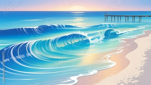 Fototapeta Gentle ocean waves roll onto a sandy beach at sunset with a distant pier
