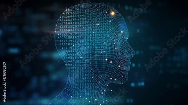 Obraz AI Grid Head Generates Data. Profile view. Digital tech concept. Uses: web design, marketing.